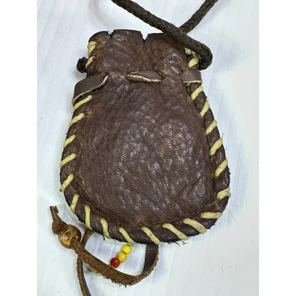 VTG Native American Leather Medicine Bag Beads Tribal Necklace Rawhide Stitching